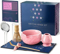 7Pcs Matcha Whisk Set, Ceramic Matcha Bowl with Spout, Bamboo Whisk and Holder,Bamboo Scoop,Scoop Rest,Sifter,Tea Towel, Matcha Kit with Cherry Blossom Carved Patterns for Matcha Lovers (Sakura Pink)