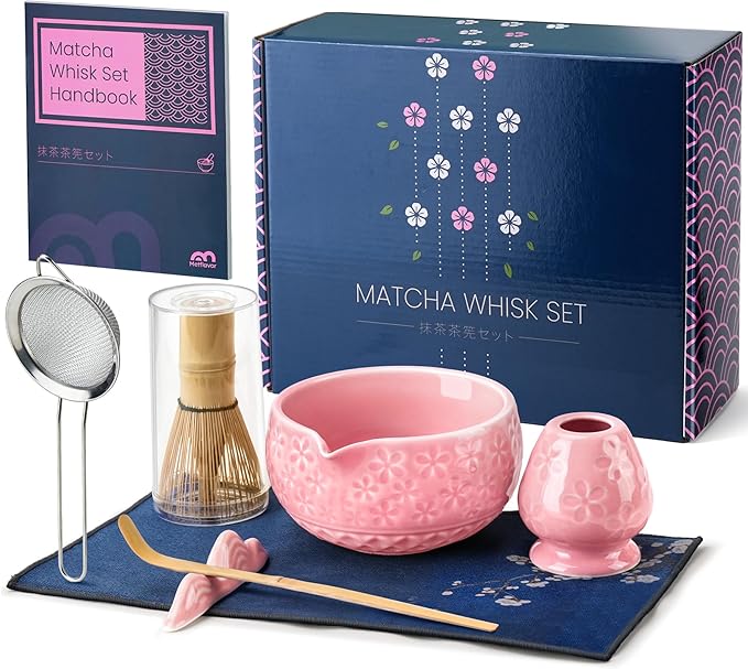7Pcs Matcha Whisk Set, Ceramic Matcha Bowl with Spout, Bamboo Whisk and Holder,Bamboo Scoop,Scoop Rest,Sifter,Tea Towel, Matcha Kit with Cherry Blossom Carved Patterns for Matcha Lovers (Sakura Pink)
