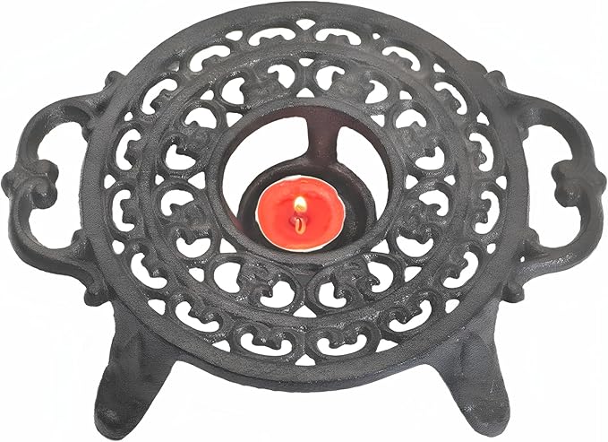 Cast Iron Candle Warmer for Tea Kettle or Tea Pot, Tea Light Warmer, Teapot and Dish Cups Heater, Pan Trivet, Vintage Decorative Stands for Heat Tea or Coffee Milk(Round)