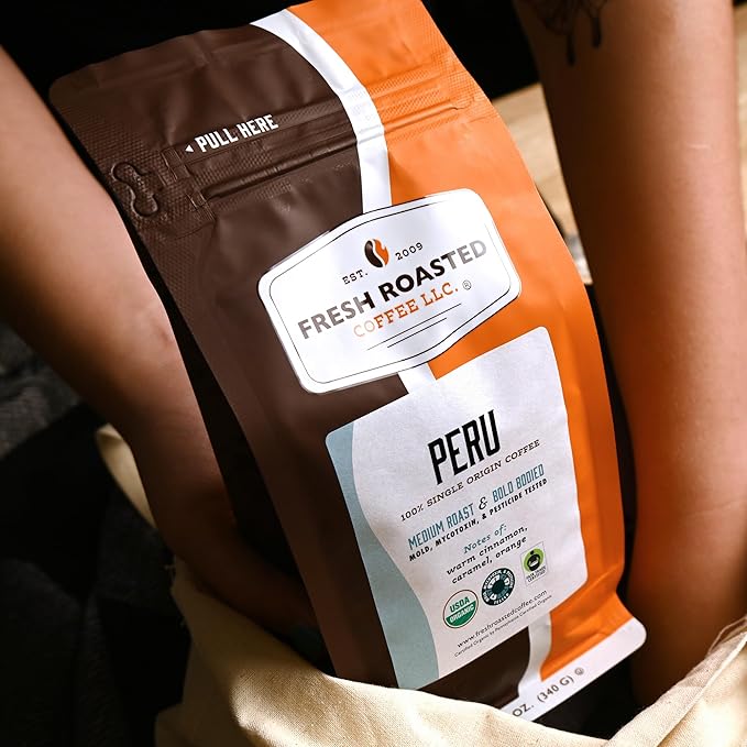 Fresh Roasted Coffee, USDA Organic Peru | 3rd Party Tested for Pesticides, Mold, Mycotoxins, Kosher | 100% Arabica, Specialty Grade, Med Roast 12 oz Ground