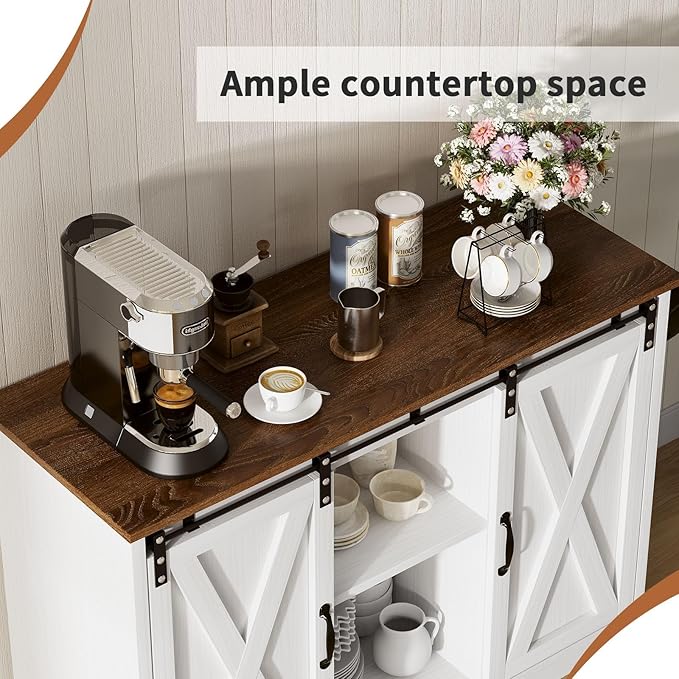 4 EVER WINNER Coffee Bar Cabinet with Sliding Barn Doors, 42”Farmhouse Buffet Cabinet with Storage for Kitchen, Coffee Bar with Adjustable Shelf for Dining Room, White