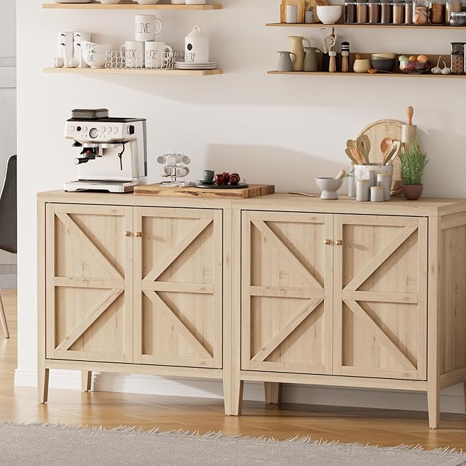 Wood Sideboard Buffet Cabinet with Doors - Farmhouse Kitchen Storage Cabinet, Coffee Bar Console Table with Adjustable Shelves, Buffet Table for Living Room, Hallway (White Oak, 1 PC)