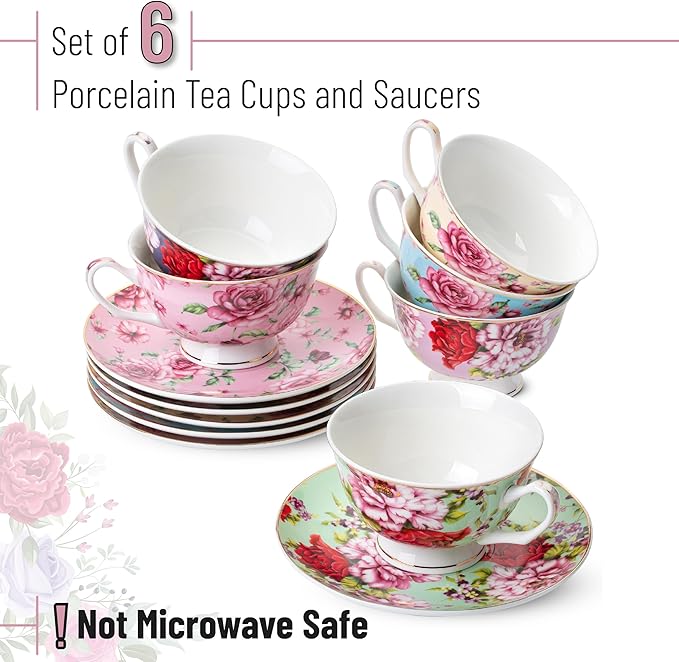 BTaT- Floral Tea Cups and Saucers with Gift Box, 8oz, Tea Cups Set of 6, Cup & Saucer Sets, Christmas Gifts
