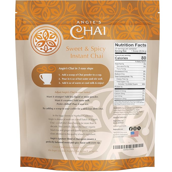 Angie's Chai Sweet & Spicy Organic Instant Chai Tea Powder - Made in USA, Delicious Spiced Chai Powder Mix, 30 Servings, 80 Calories, Handcrafted, Free of Artificial Ingredients, Natural Indian Spice