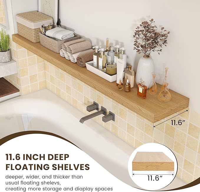 72 Inch Oak Floating Shelf | 12 Inch Deep Floating Shelves Set of 1 | 72" D x 12" D Rustic Wood Shelves for Wall | Deep Oak Shelves for Living Room Bathroom Laundry Room Kitchen