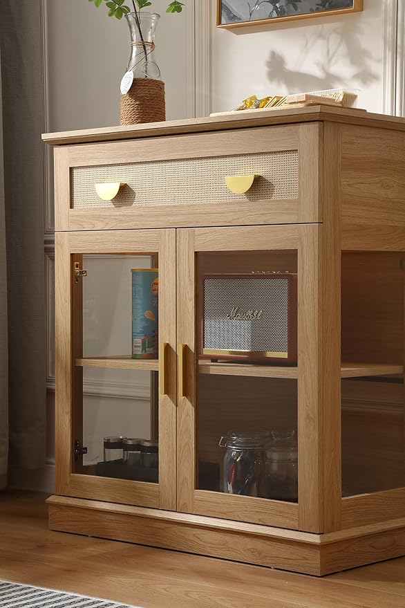 31.5'' Small Buffet Cabinet with Glass Doors,Small Coffee Bar Cabinet with Storage,Modern Sideboard with Adjustable Shelf and a Drawer,for Kitchen,Natural
