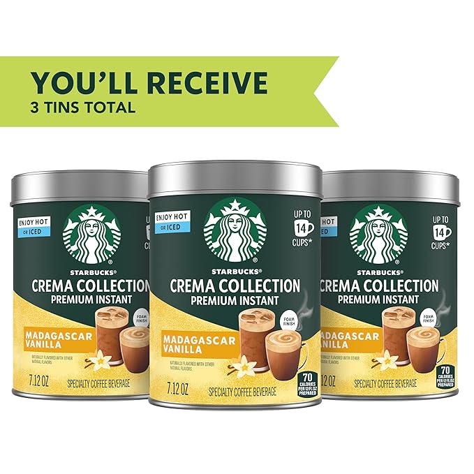 Starbucks Crema Collection Premium Instant Madagascar Vanilla Flavored Instant Coffee, 100% Arabica Beans, 3 Tins (7.12 Oz Each)