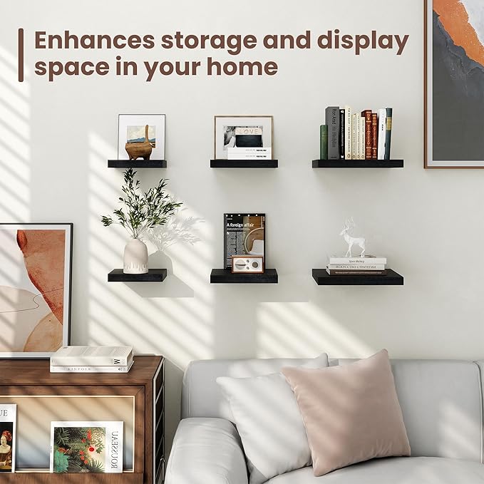 Fun Memories Floating Shelves for Wall - 12 Inch Square Shelves with Invisible Brackets, Black Small Wall Shelf for Living Room, Bathroom, Bedroom, and Kitchen Decor，Set of 3