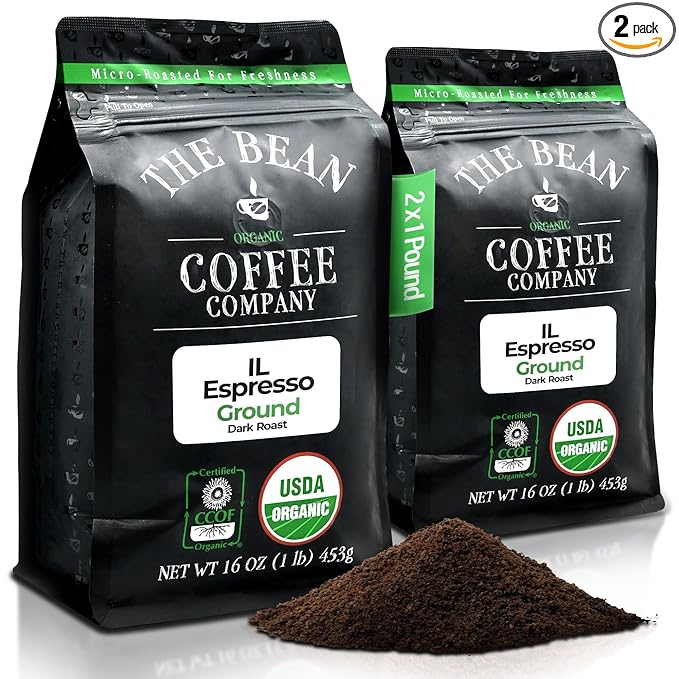 The Bean Organic Coffee Company Il Espresso, Classic Dark Roast, Ground Coffee, 16-Ounce Bags (Pack of 2), Café molido tostado orgánico