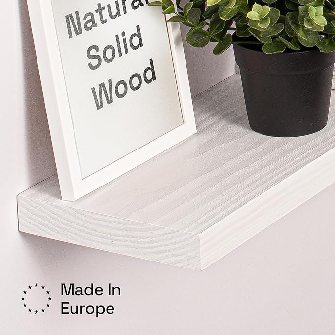 BAOBAB WORKSHOP Wood Floating Shelves for Bathroom Wall - White Shelves for Bedroom Kitchen Living Room - Solid Wood Shelves - White - 24 x 6.7 Inch, Set of 2