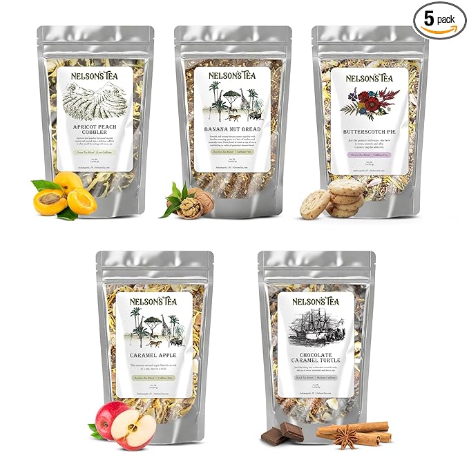 Nelson's Tea Dessert Sampler Pack Tea - Loose Leaf Tea Sampler - Apricot Peach Cobbler, Banana Nut Bread, Butterscotch Pie, Caramel Apple, Chocolate Caramel Turtle - 2 Oz Sizes