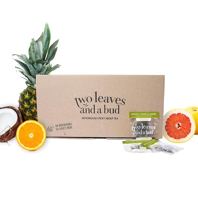 Two Leaves and a Bud Organic Tropical Green Tea, Whole Leaf Green Tea in Compostable Sachets, Sencha Green Tea for Hot or Iced Tea, 100 Count (Pack of 1)