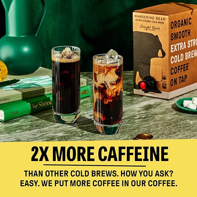 Wandering Bear Organic Caramel Cold Brew Coffee On Tap, Iced Coffee Drink - Extra Strong, Bold, Smooth, No Sugar Added, Shelf-Stable, Ready to Drink,Gluten Free & Vegan -16 Servings of 6fl.oz -96fl.oz