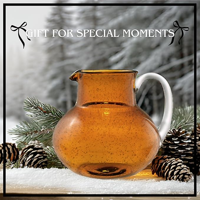 Artland Iris 90 Oz Handblown Glass Pitcher - Bubble Shape, Lead-Free - Versatile Drink Dispenser for Water, Juice, Cocktails - Enhanced Kitchen Decor, Dishwasher Safe (Amber)