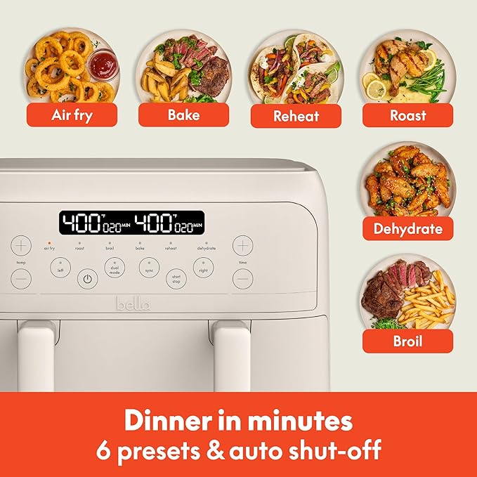 bella 4 Qt TriZone Air Fryer, EverGood™ Ceramic Nonstick Coating, Dual Basket Design w Removable Divider, Digital Touchscreen Control w 6 Preset Cooking Options, 1200 Watt, 3lb Capacity, Oatmilk