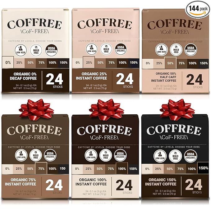 COFFREE Organic Instant Coffee Packets - Caffeine Management Packs from 150-0% Decaf Coffee - Low Acid, Mold Free, Made with Arabica Beans - Hot or Cold Single Serve Packets 144 Count (6 Packs of 24)