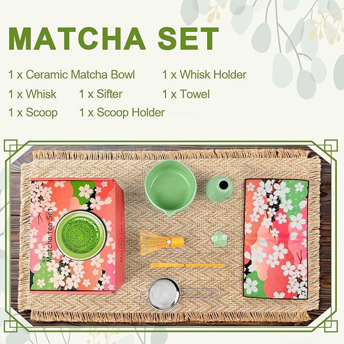 Matcha Whisk Set––7pcs Japanese Matcha Set Kit with Matcha Bowl, Bamboo Whisk, Whisk Holder, Scoop, Towel&Sifter–Perfect for Matcha Lovers&Tea Ceremonies-Daisy Green