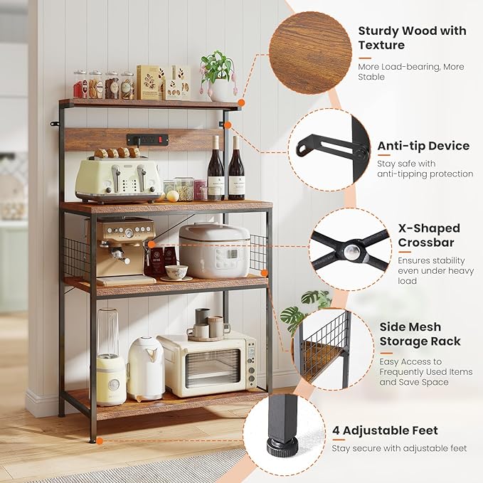 Sweetcrispy Kitchen Bakers Rack with Power Outlet, Coffee Bar Table 4 Tiers, Microwave Oven Stand Station, Adjustable Storage Shelf Freestanding Appliance Organizer - 32 Inch, Rustic Brown