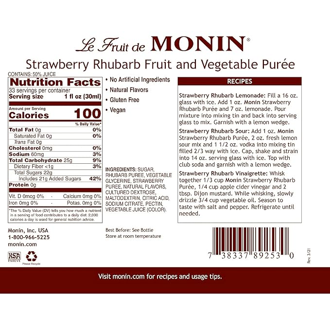 Monin - Strawberry Rhubarb Purée, Tart & Sweet Purée, Made with Real Fruit & Vegetable Juices, Antioxidant-Rich, Fruit Purée for Cocktails, Smoothies, Cooking, Baking, & More, Clean Label (1 Liter)