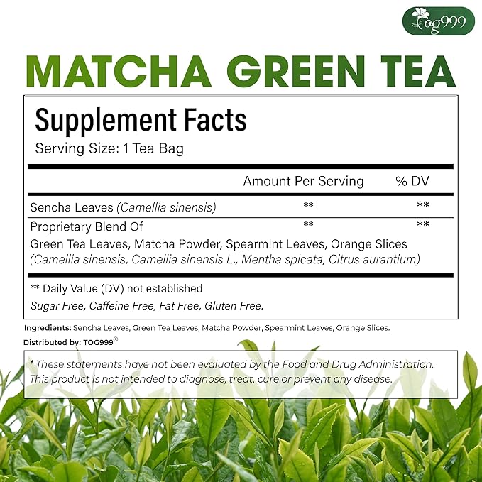 TOG999, Premium Matcha Green Tea Bags | 60 Count | Blend of Sencha, Green Tea, Spearmint & Orange Slices – Refreshing Flavor, Naturally Vibrant, No Gluten. Vegan.