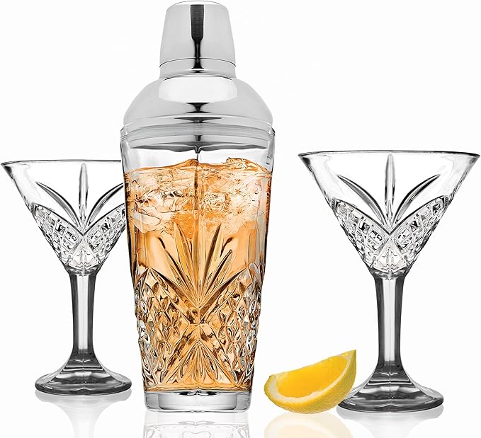 Godinger Cocktail Shaker and Cocktail Glasses Bar Set, Martini Shaker and 2 Martini Glasses Set - Dublin Collection