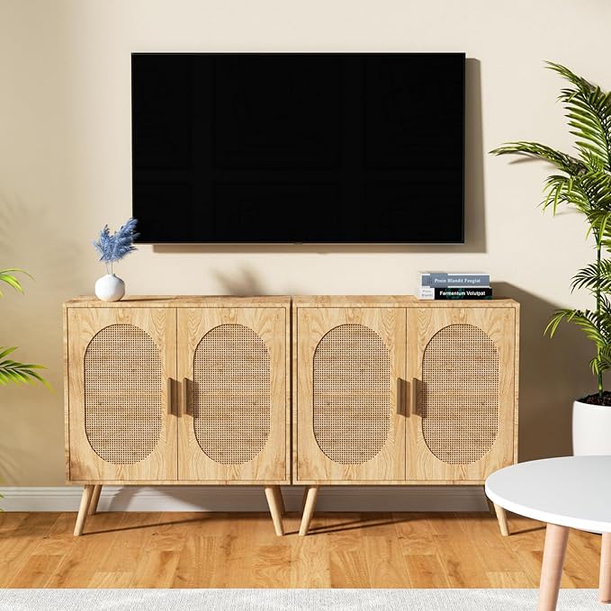 Modern Rattan Storage Cabinet with Doors, Wood Sideboard Buffet Cabinet for Living Room, Entryway, Dining Room (2-Door)