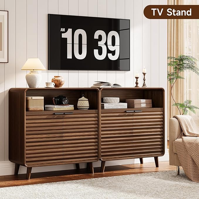 31.5" Sideboard Buffet Cabinet with Storage, Curved Sideboard with 2 Wave Doors and Angled Side Frame, Small Storage Cabinet with Adjustable Shelves, Coffee Bar Cabinet for Dining Room, Walnut