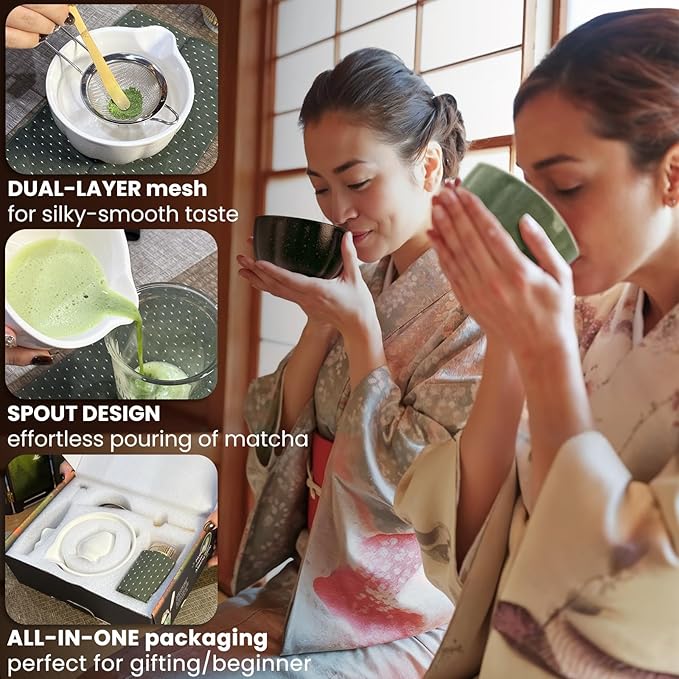 Matcha Whisk Set Incl. Ceramic Bowl With Spout, Whisk (Chasen), Stand, Bamboo Scoop, Sifter, Electric Frother, Tea Towel etc. 9 Pcs Matcha Making Starter Kit, White