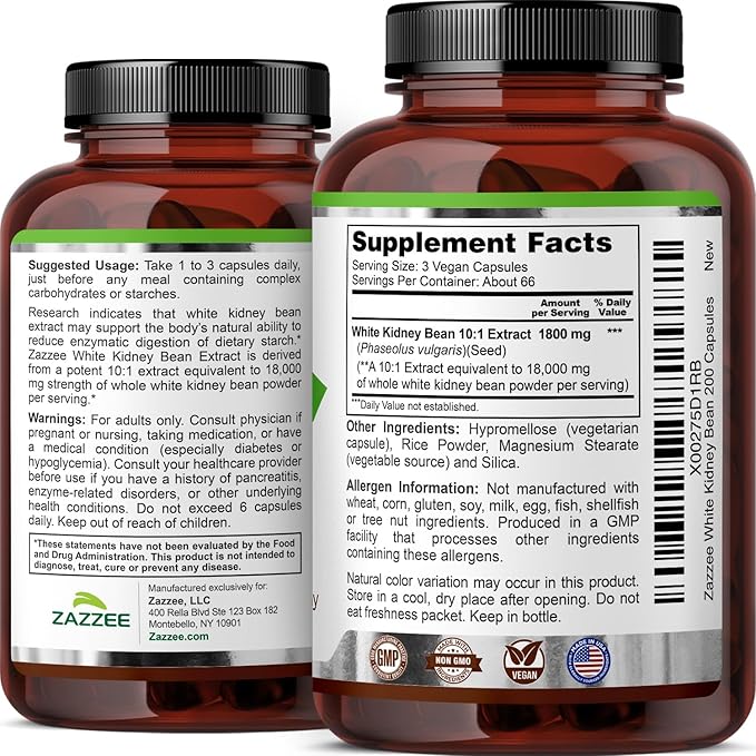 Zazzee White Kidney Bean 10:1 Extract, 1800 mg per Serving, 200 Vegan Capsules, Over 2 Month Supply, Standardized, Concentrated 10X Extract, 100% Vegetarian, All-Natural and Non-GMO, Made in The USA