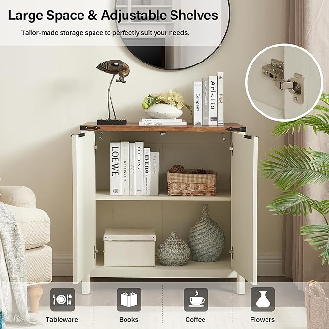 32-inch Fluted Sideboard Cabinet - Rustic Modern Farmhouse Storage Organizer with Adjustable Shelves, Coffee Bar, Entryway Furniture for Kitchen, Living Room (Antique White)