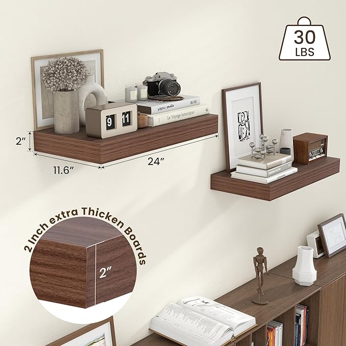 Deep Floating Shelves | 24 Inch Walnut Floating Shelves Set of 2 | 12 Inch Deep Rustic Wood Shelves for Wall | 24" W x 12" D Walnut Shelves for Living Room Bathroom Laundry Room Kitchen
