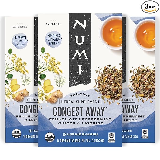 Numi Organic Congest Away Herbal Tea 48 Tea Bags Caffeine‑Free Blend with Fennel Peppermint Ginger Cinnamon & Licorice for Cooling Soothing Respiratory Comfort