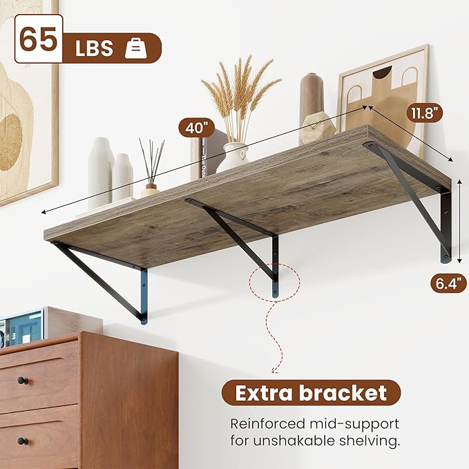 Deep Wall Shelves 40"W x 12"D Engineered Wood Floating Shelves for Wall, Sturdy Metal Bracket Bookshelves Home Decor Storage for Living Room Bedroom Bathroom Kitchen, Set of 2, Grey Finish