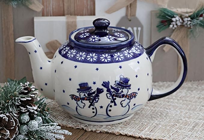 Blue Rose Polish Pottery - Blue Frosty Friend Medium Teapot - 4 Cup Capacity - Ceramic Christmas Teapot, Festive Holiday Design for Serving Tea & Cocoa