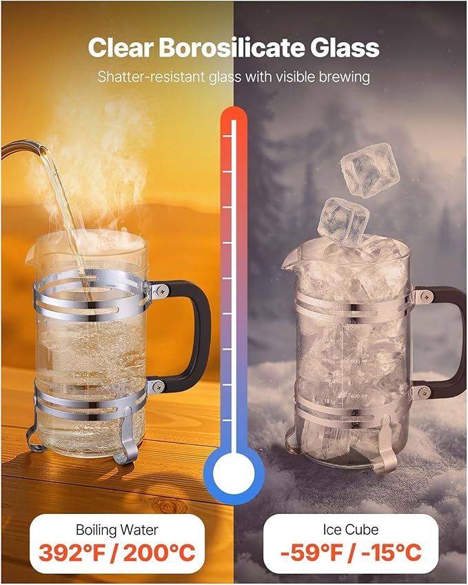 French Press Coffee Maker, 34oz Borosilicate Glass, Stainless Steel Filter