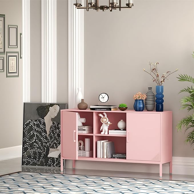 Metal TV Cabinet with Doors and Shelves Modern Metal Storage Cabinet Coffee Bar TV Stand 2 Door Locker for Office Living Room Kitchen (Pink, 47.24" D x 13.78" W x 29.53" H)