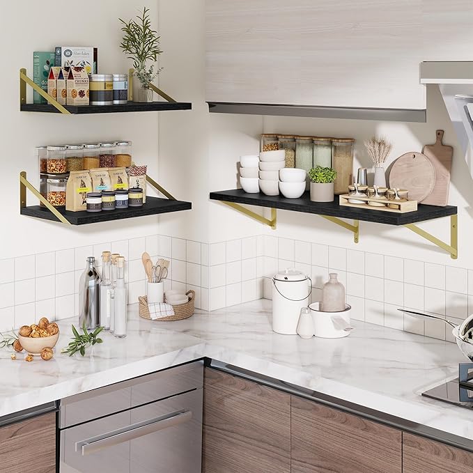 Deep Wall Shelves 12"W x 12"D Engineered Wood Floating Shelves for Wall, Sturdy Metal Bracket(Gold) Bookshelves Home Decor Storage for Living Room Bedroom Bathroom Kitchen, Set of 2, Black Finish