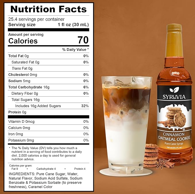 Syruvia Coffee Syrup, Cinnamon Oatmeal Cookie Flavored Syrup for Drinks, Lattes, and Desserts – 25.4 fl oz, With Pump