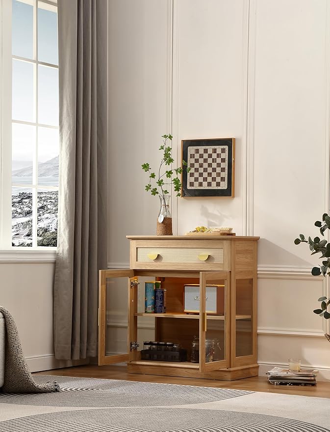 31.5'' Small Buffet Cabinet with Glass Doors,Small Coffee Bar Cabinet with Storage,Modern Sideboard with Adjustable Shelf and a Drawer,for Kitchen,Natural