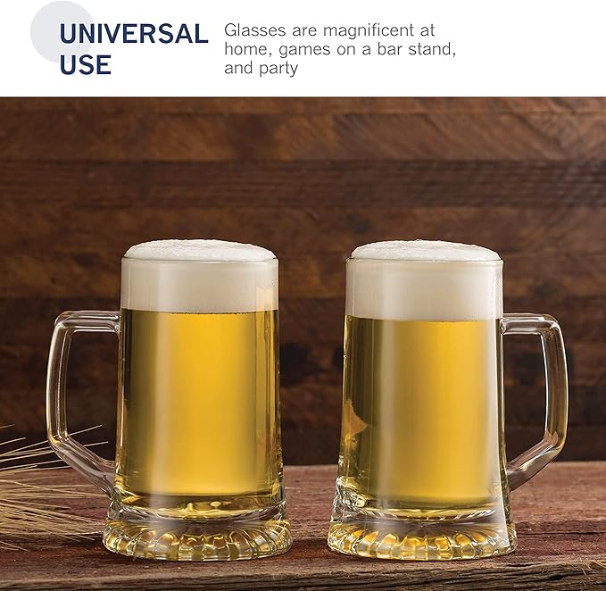 Bormioli Rocco 4-Pack Solid Heavy Large Beer Glasses with Handle - 17.1/4 Ounce Glass Steins, Traditional Beer Mug glasses Set, Perfect Coffee - Tea Glass, Everyday Drinking Glasses, Cocktail Glasses