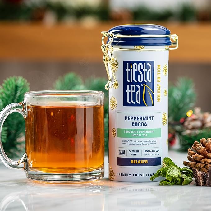 Tiesta Tea - Holiday Cheer Tea Gift Set, Loose Leaf Holiday Blends with Infuser, Non-Caffeinated, Stainless Steel Brewbasket & 2 Refillable Tin Combo, Fireside Spice & Peppermint Cocoa
