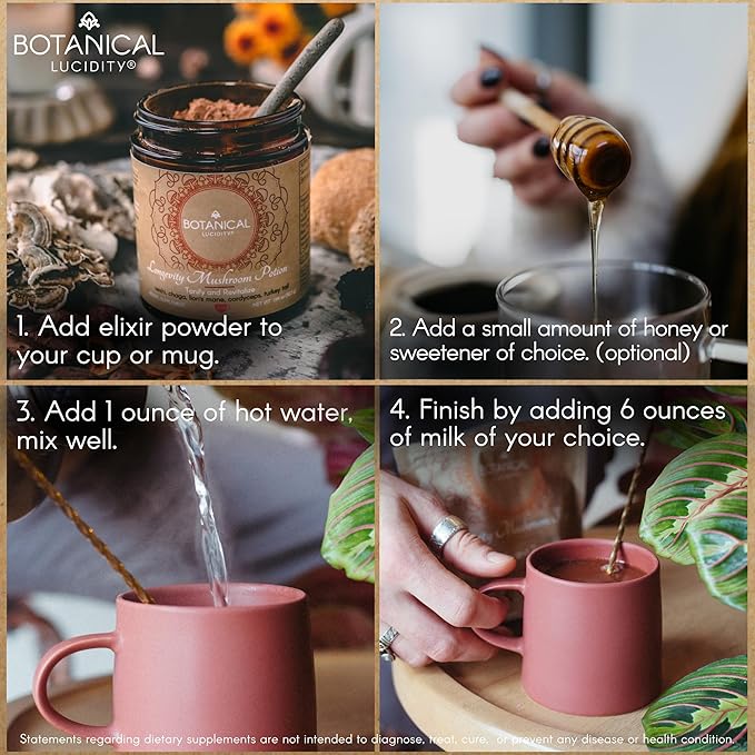 Botanical Lucidity Reishi Mushroom Tea Blend Stocking Stuffers 1.84Oz | Herbal Drink with Reishi, Chaga, Cordyceps, Lion’s Mane, Turkey Tail | Herbal Tea with Cacao for Focus Serve hot, Iced