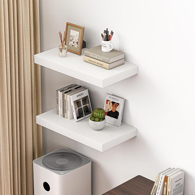 Dreamland 24" Floating Shelves for Wall, 12" Deep Thicker White Floating Shelves, Wall-Mounted Shelves for Bedroom, Living Room, Kitchen, Bathroom - Set of 2