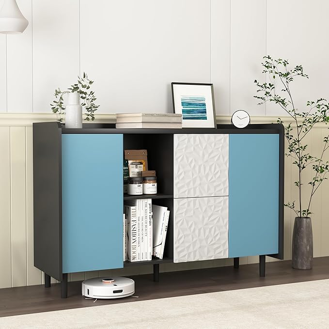 47" Modern Sideboard Buffet Cabinet, Black Accent Storage Cabinet with Blue Door & 2 Push-to-Open Drawers, Console Table for Dining Room, Living Room, Entryway, Office