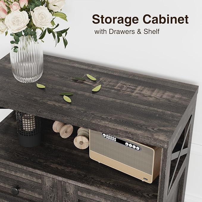 Farmhouse Storage Cabinet with Drawers and Shelf, Freestanding Kitchen Pantry Storage Cabinet, Floor Hutch Cupboard for Kitchen, Living Room, Home Office, Dark Rustic Oak