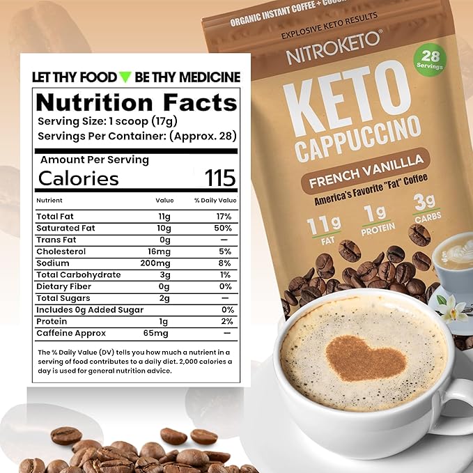 Keto Cappuccino - French Vanilla Coconut Cream - Keto Instant Coffee Mix with MCT Oil - Low Carb/High Fat, Organic Coffee Supports Ketosis - Energy - No Sugar - Made in USA – 28 Servings