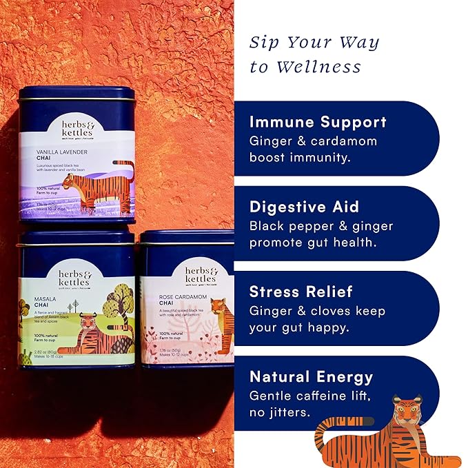 Herbs & Kettles Chai Gift Set | Masala Chai, Rose Cardamom Chai & Vanilla Lavender | Premium Loose Leaf Tea Collection | Elegant Tea Gift Box for Birthdays, Holidays & Special Occasions