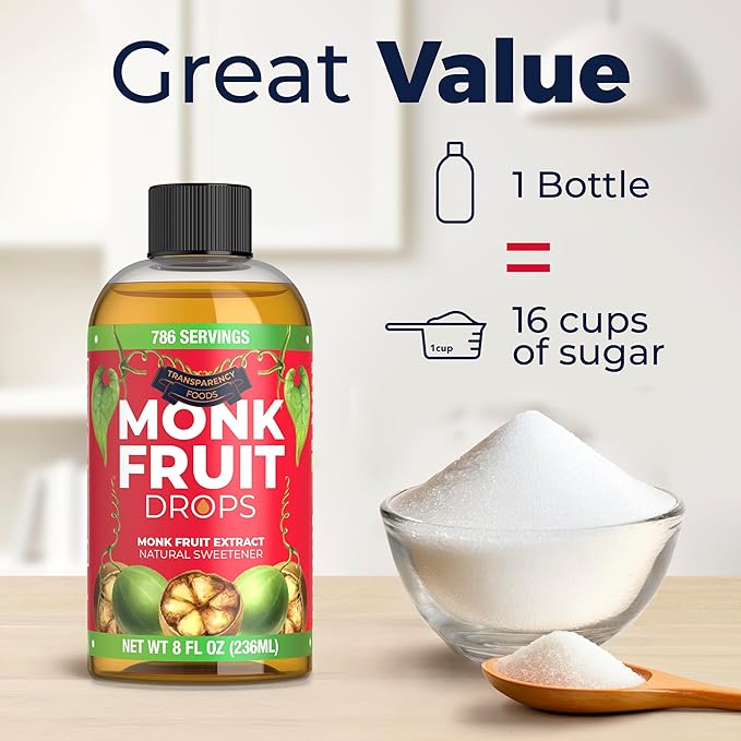 100% Pure Monk Fruit Extract (6 Drops = 1 Tsp of Sugar) Zero Calories, Non-GMO, No Fillers - Liquid Monk Fruit Sweetener No Erythritol by Transparency Foods NEW FORMULA (8oz, 786 servings)