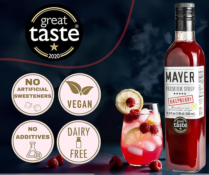 Mayer Hungarian Premium Raspberry Artisanal Syrup, Award-Winning, All-Natural, Vegan, Gluten-Free, Handcrafted with 100% Real Fruits, (2 x 16.9oz), Perfect Coffee Syrup & Cocktail Syrup, No Artificial Additives (2 Pack)