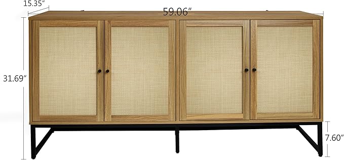 Modern Sideboard, Accent Storage Cabinet with Rattan Doors and Adjustable Shelves, Freestanding Sideboard Storage Cabinet for Kitchen Dining Living Room Hallway Office (Walnut)